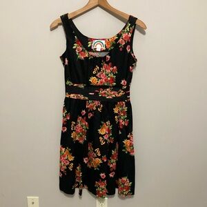 Ruby Belle Floral Sleeveless Dress, Size 4, Black with pleated waistline